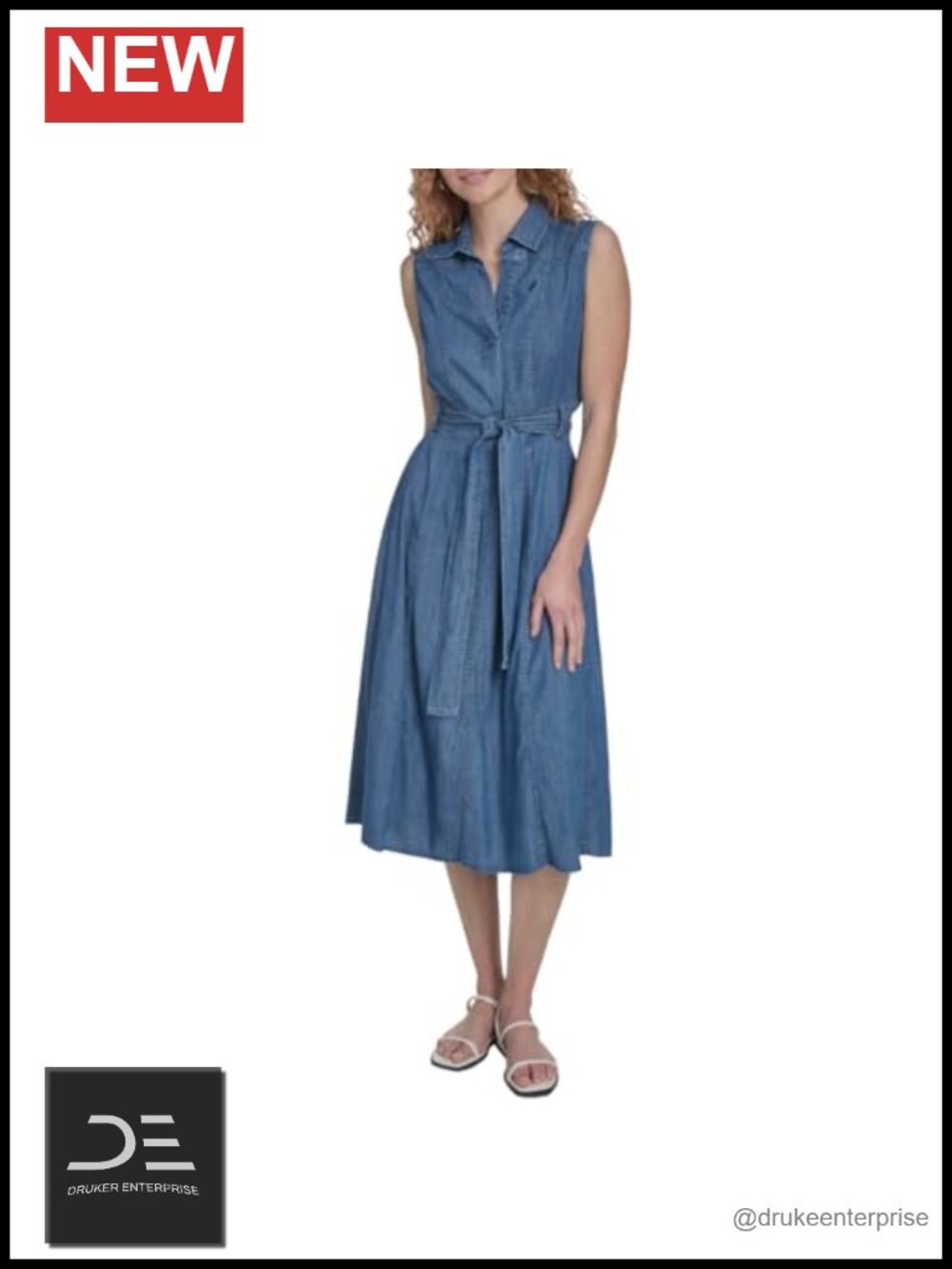 Sleeveless Shirtdress Belted Chambray Midi Dress